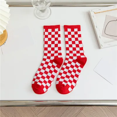 Spring Autumn Chessboard Student Sports Polyester Cotton Socks
