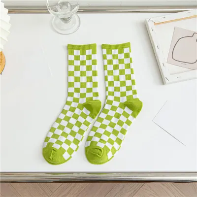 Spring Autumn Chessboard Student Sports Polyester Cotton Socks