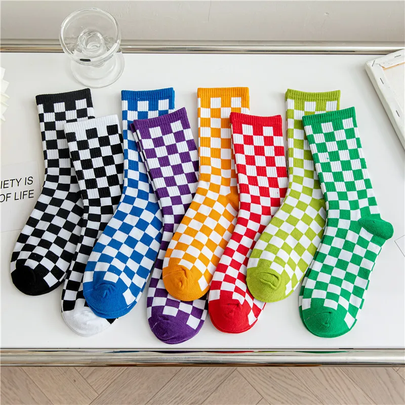 Spring Autumn Chessboard Student Sports Polyester Cotton Socks