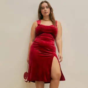 Women Plus Size Slim-Fit Elegant Solid Color Velvet Side Slit Midi Dress