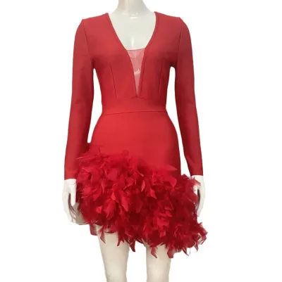 Women Sexy V-Neck Mesh Long Sleeve Feather Decoration Party Dress