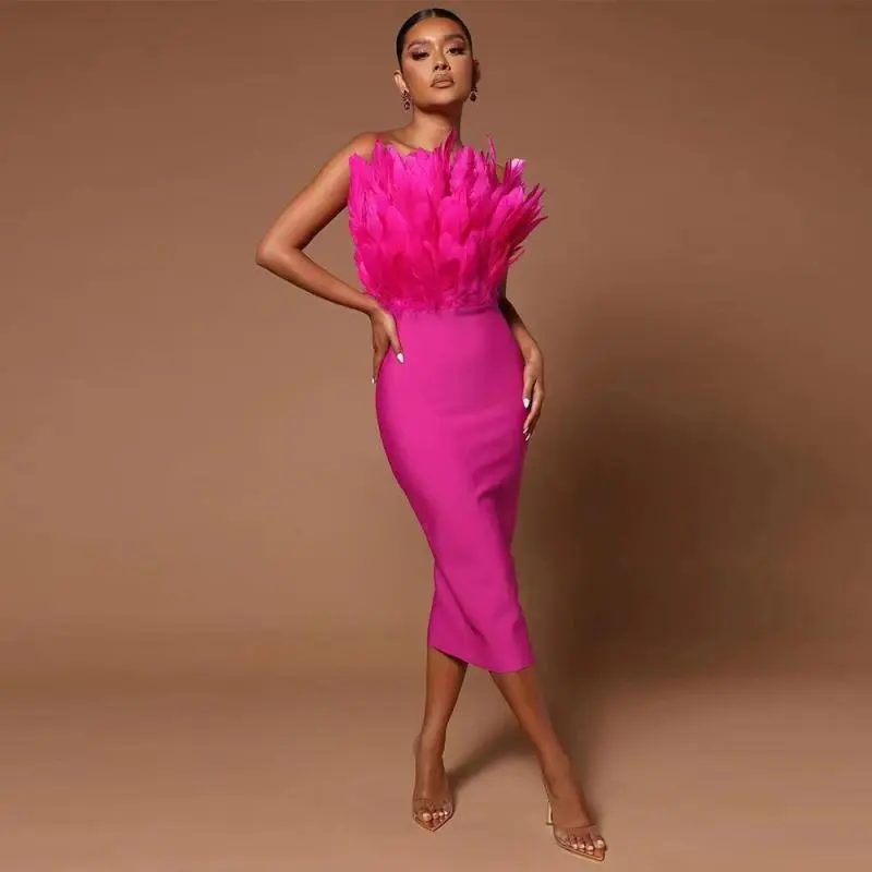 Women Luxury Strapless Feather Stretch Party Sexy Dress