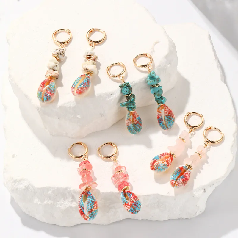 Summer Beach Vacation Women Turquoise Crystal Fashion Beaded Printed Shell Earrings