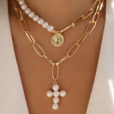 Vintage Cross Pearl Pendant Retro Women Multilayer Coin Chain Necklace