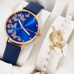 Fashion Women Rhinestone Butterfly PU Band Watch Bracelet Set