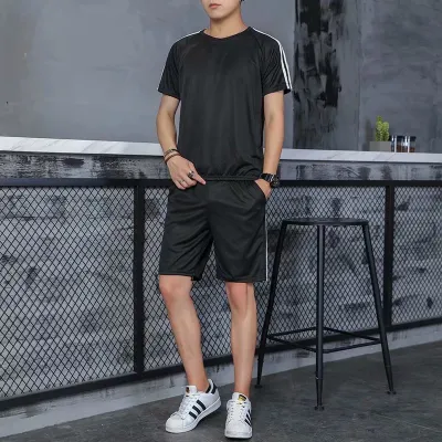 Men Casual Sports Solid Color Stripe Short Sleeve Round Neck T-Shirt Shorts Set