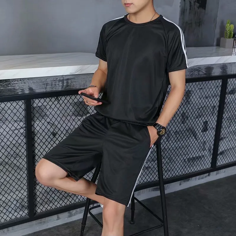 Men Casual Sports Solid Color Stripe Short Sleeve Round Neck T-Shirt Shorts Set
