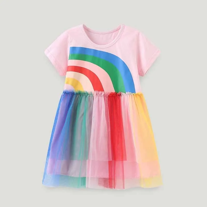 Kids Toddler Girls Casual Cute Rainbow Stripe Print Short Sleeve Round Neck Princess Dress