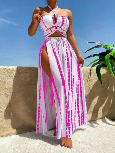 Women Stripe Print Summer Seaside Holiday Spa Swimsuit