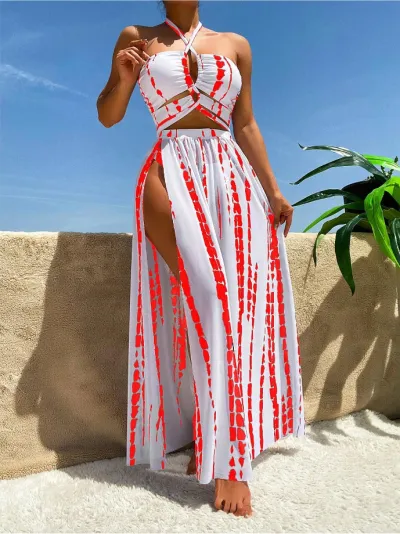 Women Stripe Print Summer Seaside Holiday Spa Swimsuit