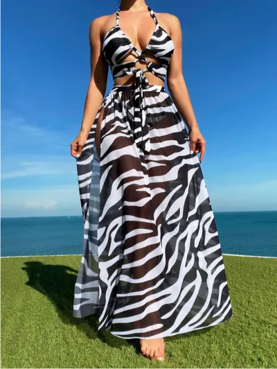 Women Stripe Print Summer Seaside Holiday Spa Swimsuit