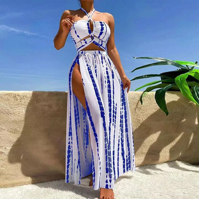 Women Stripe Print Summer Seaside Holiday Spa Swimsuit