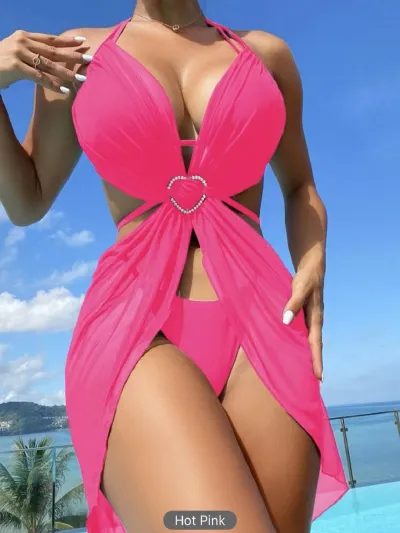 Women Sexy Three-Piece Mesh Blouse Bikini Swimwear Set Solid Color