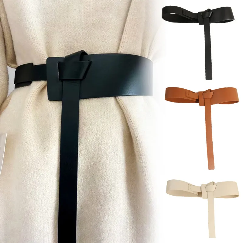 Fashion Women Wide PU Leather Non-Punch Dress Belt with Alloy Buckle