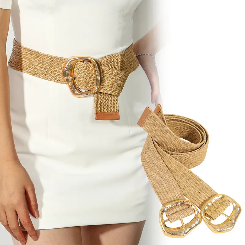 Women Casual Straw Woven Wide Summer Belt