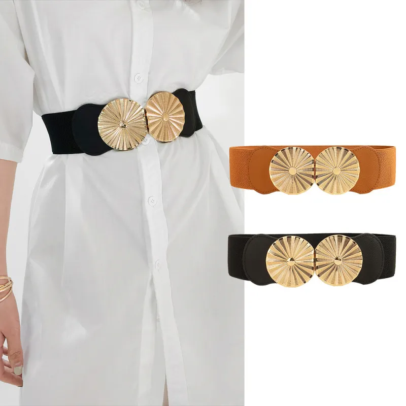 Fashion Women Wide Elastic Metal Circle Coat Shirt Skirt Leather Waist Belt