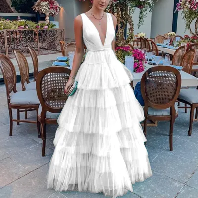 Women Elegant Chiffon Cake Skirt Party Dress V-Neck Sleeveless