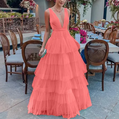 Women Elegant Chiffon Cake Skirt Party Dress V-Neck Sleeveless