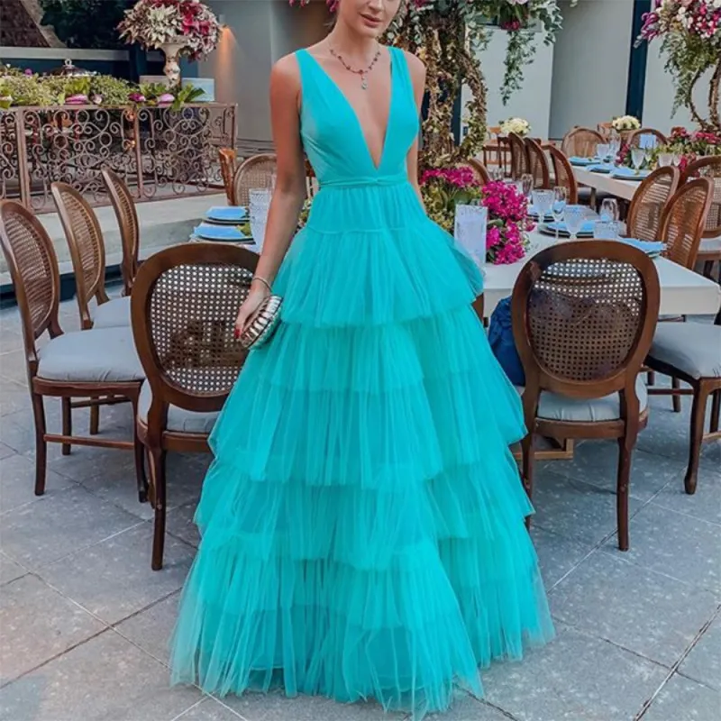 Women Elegant Chiffon Cake Skirt Party Dress V-Neck Sleeveless