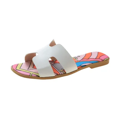 Women's Fashion Roman Style Beach Flat Slippers Slip On Graffiti