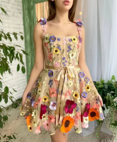 Women Fashion Stereoscopic Floral Embroidered Party Dress