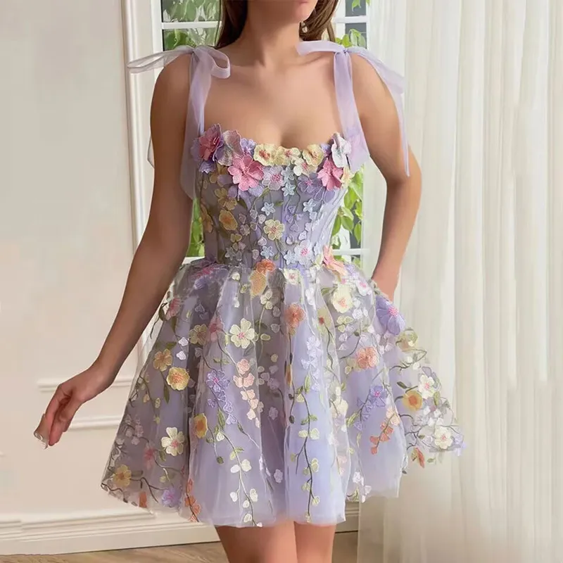 Women Floral Embroidered Mesh Sling Party Dress
