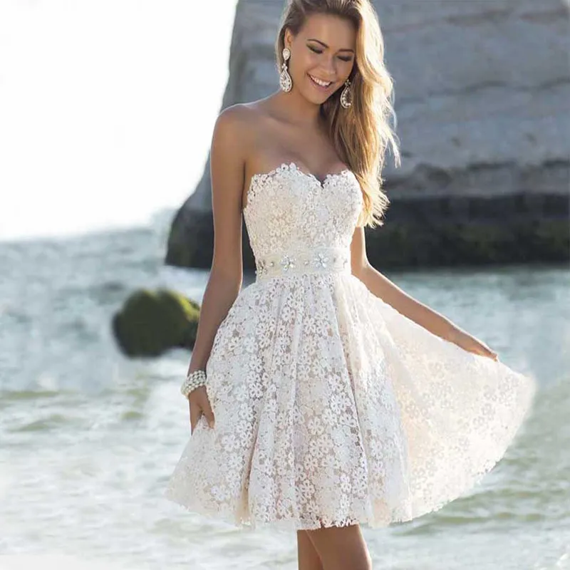 Women Fashion Strapless Lace Tiny Flower Party Dress