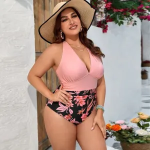 Women Fashion Vacation Plus Size Floral Printed High Stretch Sexy One-Piece Swimwear