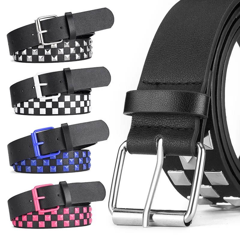 Square Rivet Belt Men Women Punk Hip Hop Wide PU Leather Belt