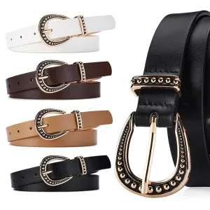 Women Vintage Pin Buckle Solid Color Decorative Pu Leather Belt