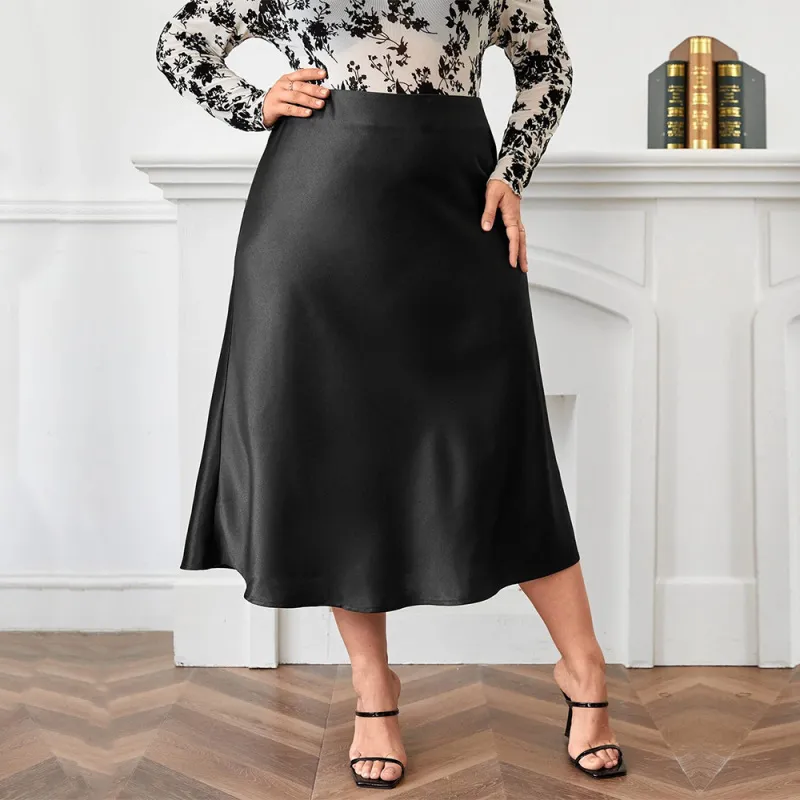 Plus Size Women High Waist Zipper Large Swing A-Line Satin Elegant Solid Midi Skirt