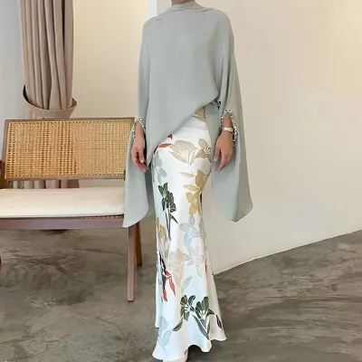 Elegant Women Asymmetric Blouse Floral Print Skirt Set