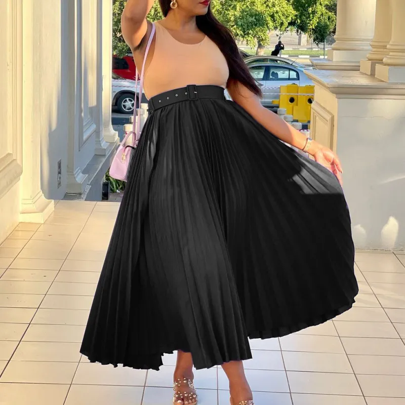 Plus Size Women High Waist Large Swing Solid Color Pleated Elegant Draped Skirt