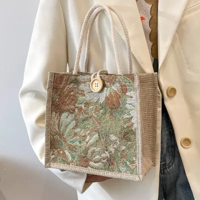 Fashion Floral Print Canvas Tote Bag Fresh And Sweet Cotton Linen Hook Closure