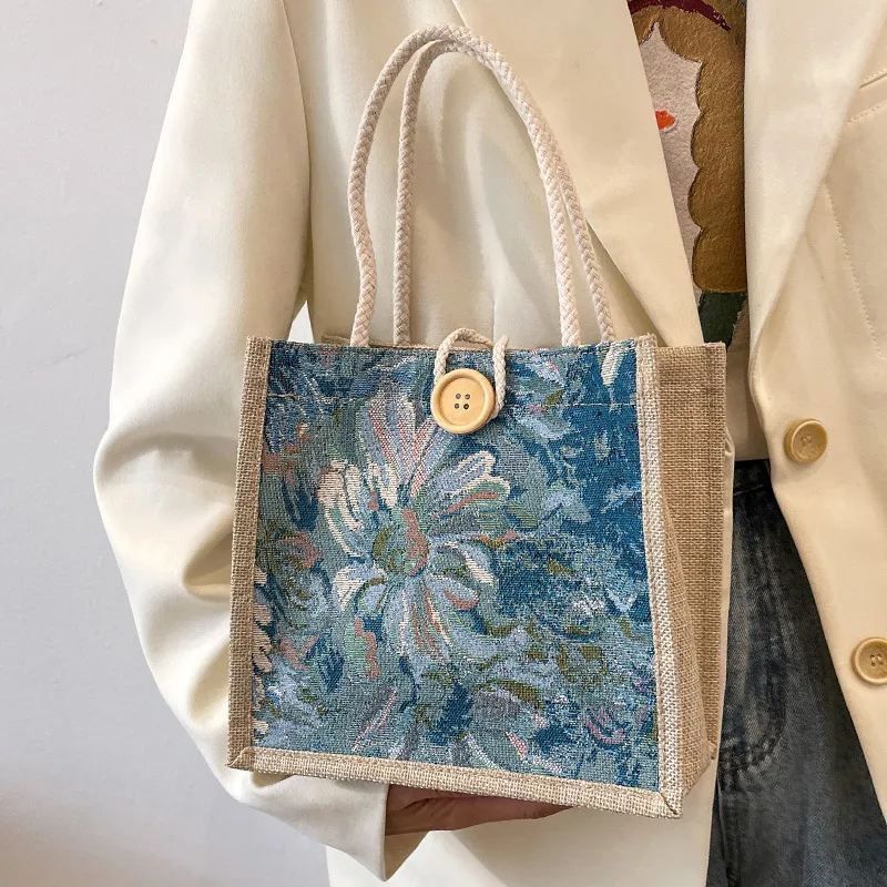 Fashion Floral Print Canvas Tote Bag Fresh And Sweet Cotton Linen Hook Closure