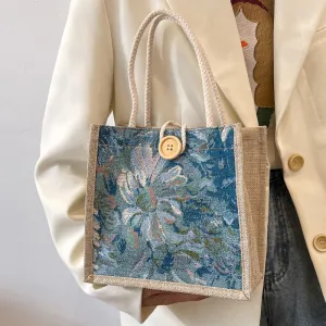 Fashion Floral Print Canvas Tote Bag Fresh And Sweet Cotton Linen Hook Closure