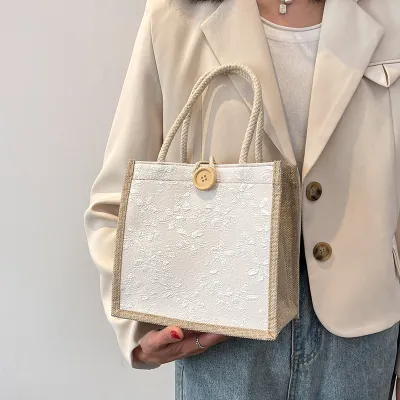 Simple Floral Print Canvas Tote Bag with Hook Closure