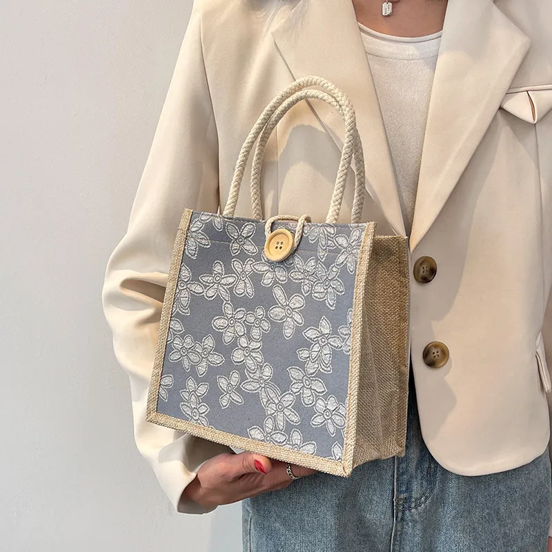 Simple Floral Print Canvas Tote Bag with Hook Closure