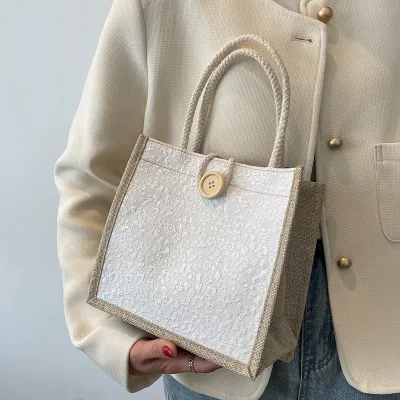 Simple Printed Cotton Linen Small Square Tote Bag with Hook Closure