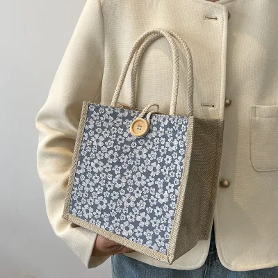 Simple Printed Cotton Linen Small Square Tote Bag with Hook Closure