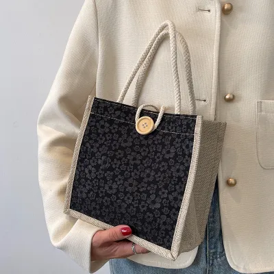 Simple Printed Cotton Linen Small Square Tote Bag with Hook Closure