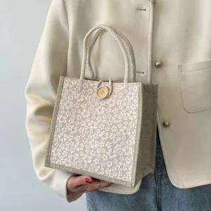 Simple Printed Cotton Linen Small Square Tote Bag with Hook Closure