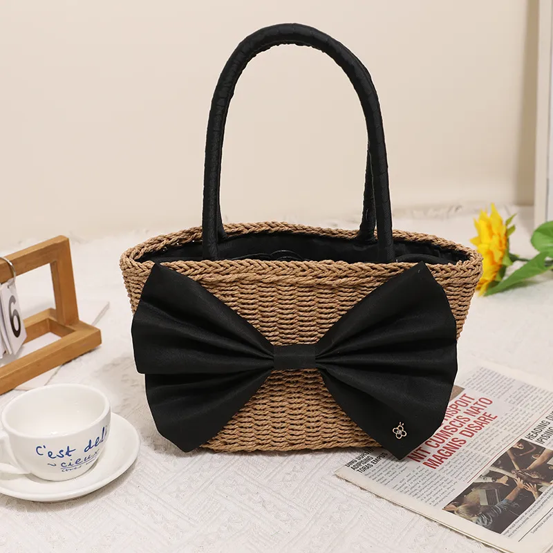 Bohemian Bow Straw Woven Handbag Drawstring