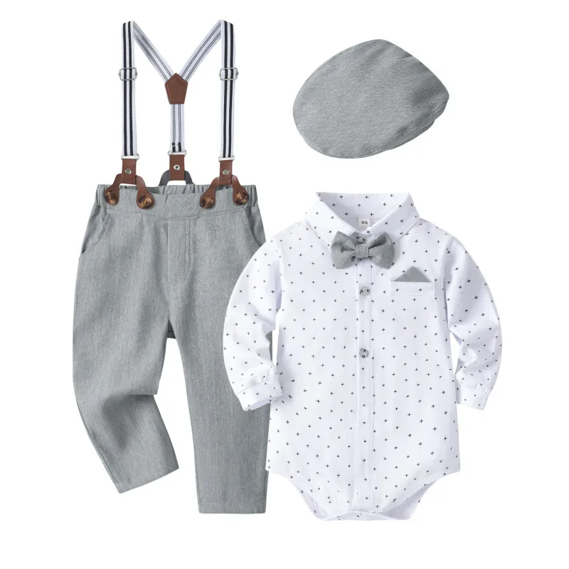 Kids Baby Boys Party British Style Long Sleeve Dot Romper Suspender Pants Set