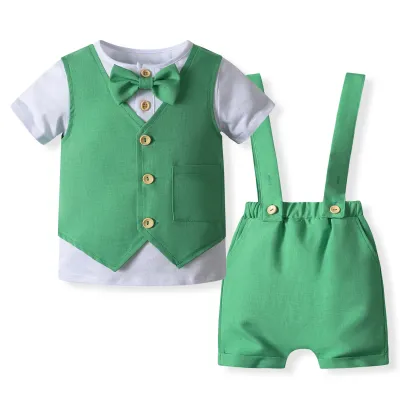 Baby Boys British Style Party Vest Short Sleeve T-Shirt and Suspender Shorts Set