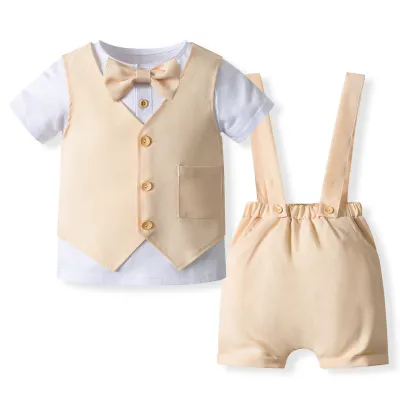 Baby Boys British Style Party Vest Short Sleeve T-Shirt and Suspender Shorts Set
