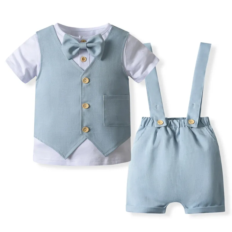 Baby Boys British Style Party Vest Short Sleeve T-Shirt and Suspender Shorts Set