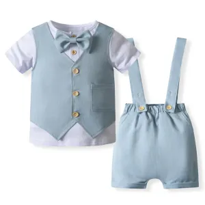 Baby Boys British Style Party Vest Short Sleeve T-Shirt and Suspender Shorts Set
