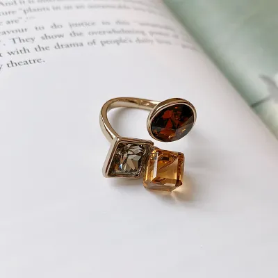Fashion Exaggerated Vintage Women Square Crystal Adjustable Ring