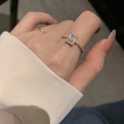 Fashion Exaggerated Vintage Women Square Crystal Adjustable Ring